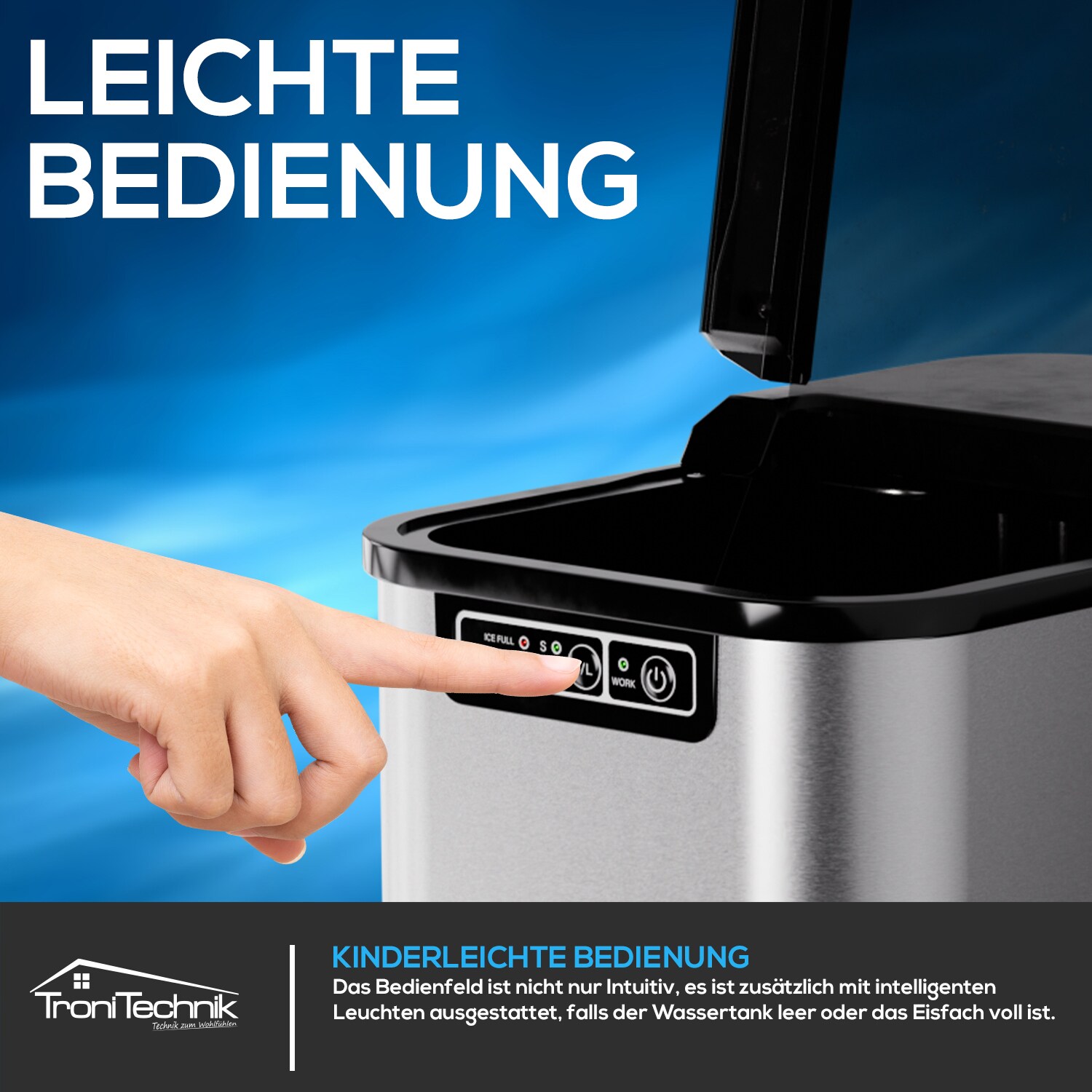 TroniTechnik® Eiswürfelmaschine Eiswürfelbereiter aus Edelstahl , Ice Maker, 12kg/24h, 2,2 Liter Wassertank, 2 Größen, Selbstreinigung