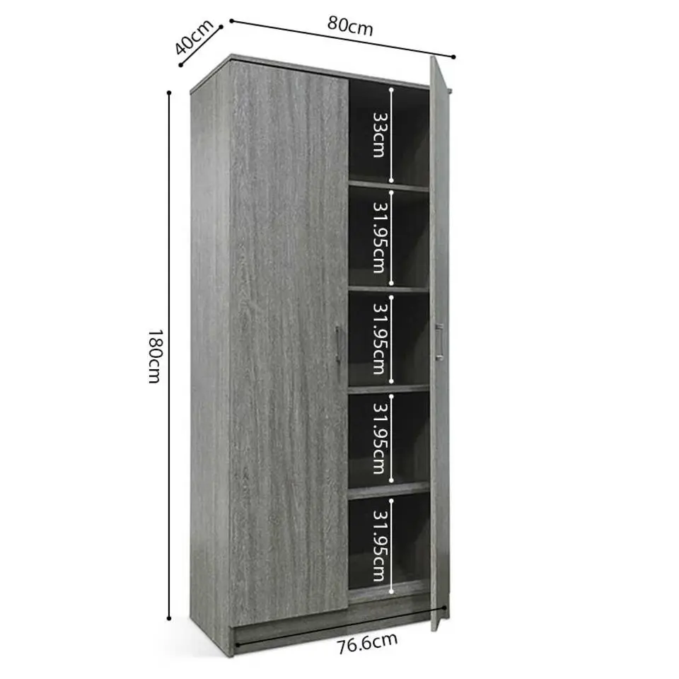 Opbergkast Ray 80cm met 2 deuren en 4 legplanken - grijze eik