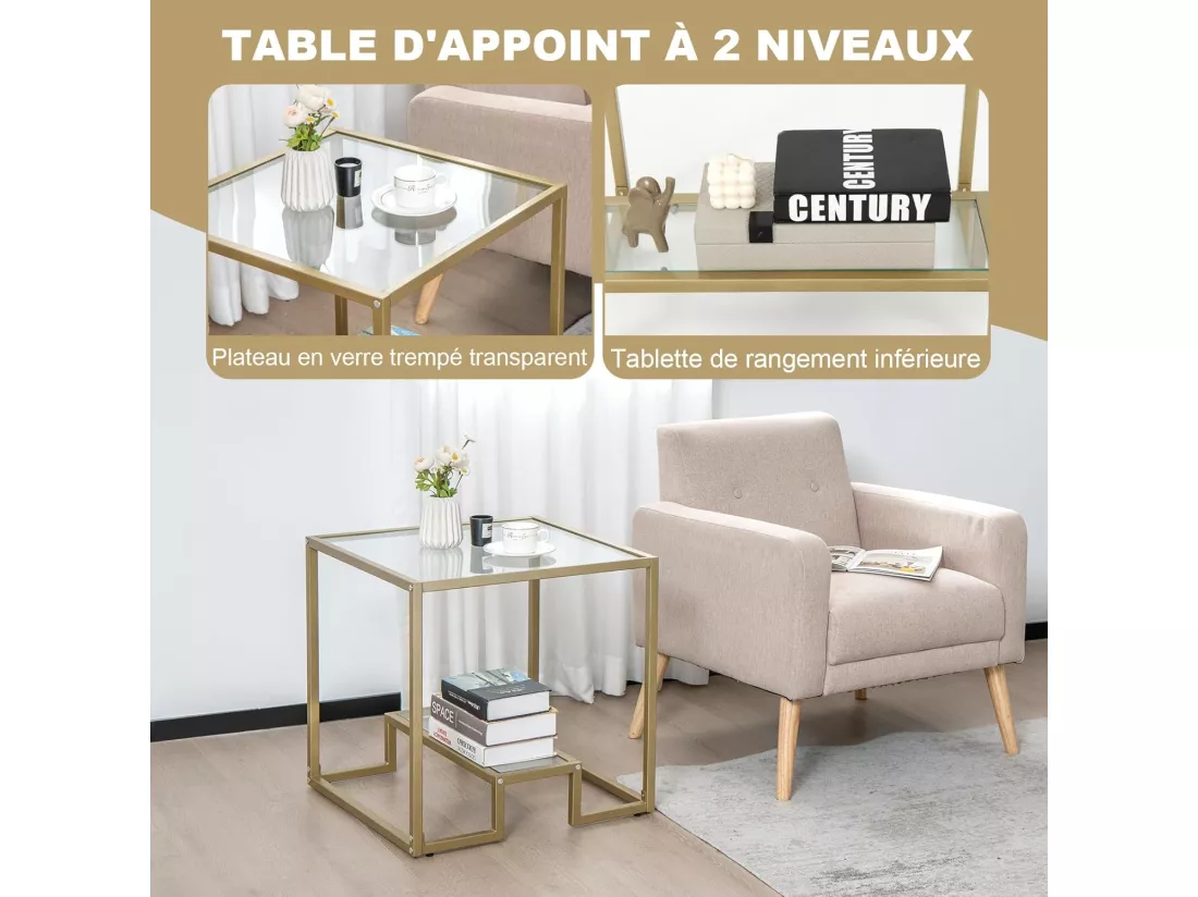 Table d'appoint à 2 étagères en verre, bout de canapé doré 56x56cm avec repose-pieds