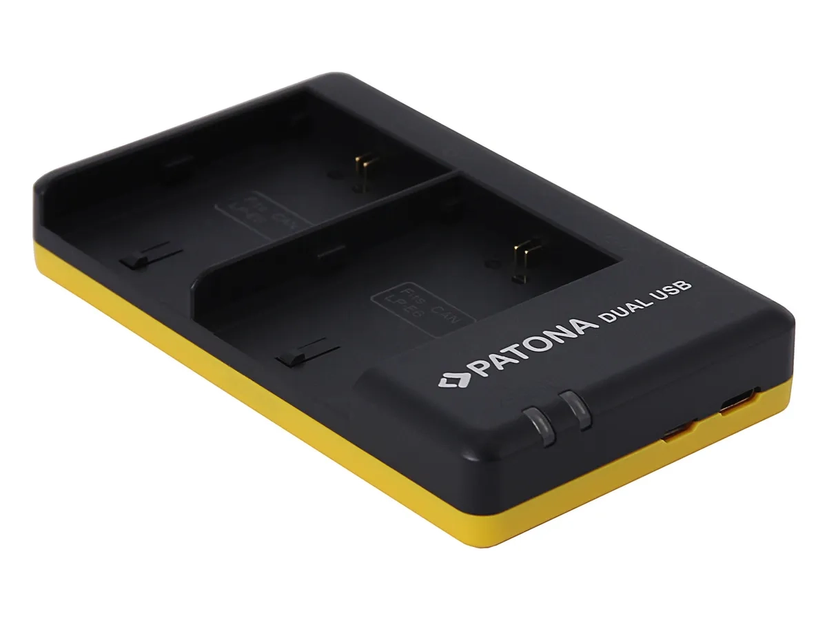 Dual USB Ladegerät Charger für Canon Digitalkameras  2 Akkus LP-E6P (4203) - Schwarz / Gelb