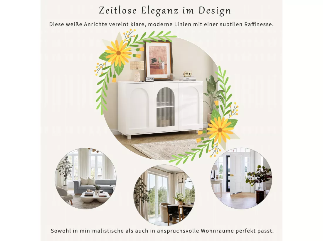 Buffet moderne avec 3 portes - 120 x 40 x 78.5 cm - MDF et panneaux de particules - pour salon ou cuisine - Blanc