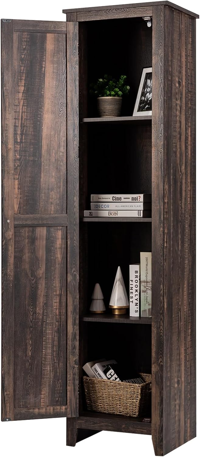 GIANTEX 183cm Hochschrank, schmaler Badezimmerschrank mit 1 Tür & 4 Ablagen, Aufbewahrungsschrank für Küche, Wohnzimmer & Badezimmer, Küchenschrank freistehend (Braun)