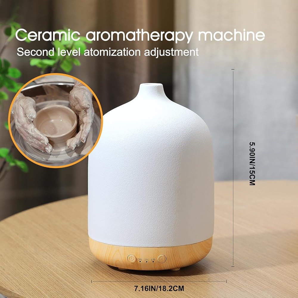 Diffuseur d'huiles essentielles en céramique pour la maison, décoration de chambre à coucher, aromathérapie, diffuseur d'air, diffuseur d'air ultrasonique 250 ml avec grain de bois minuté + blanc : Hygiène et Santé