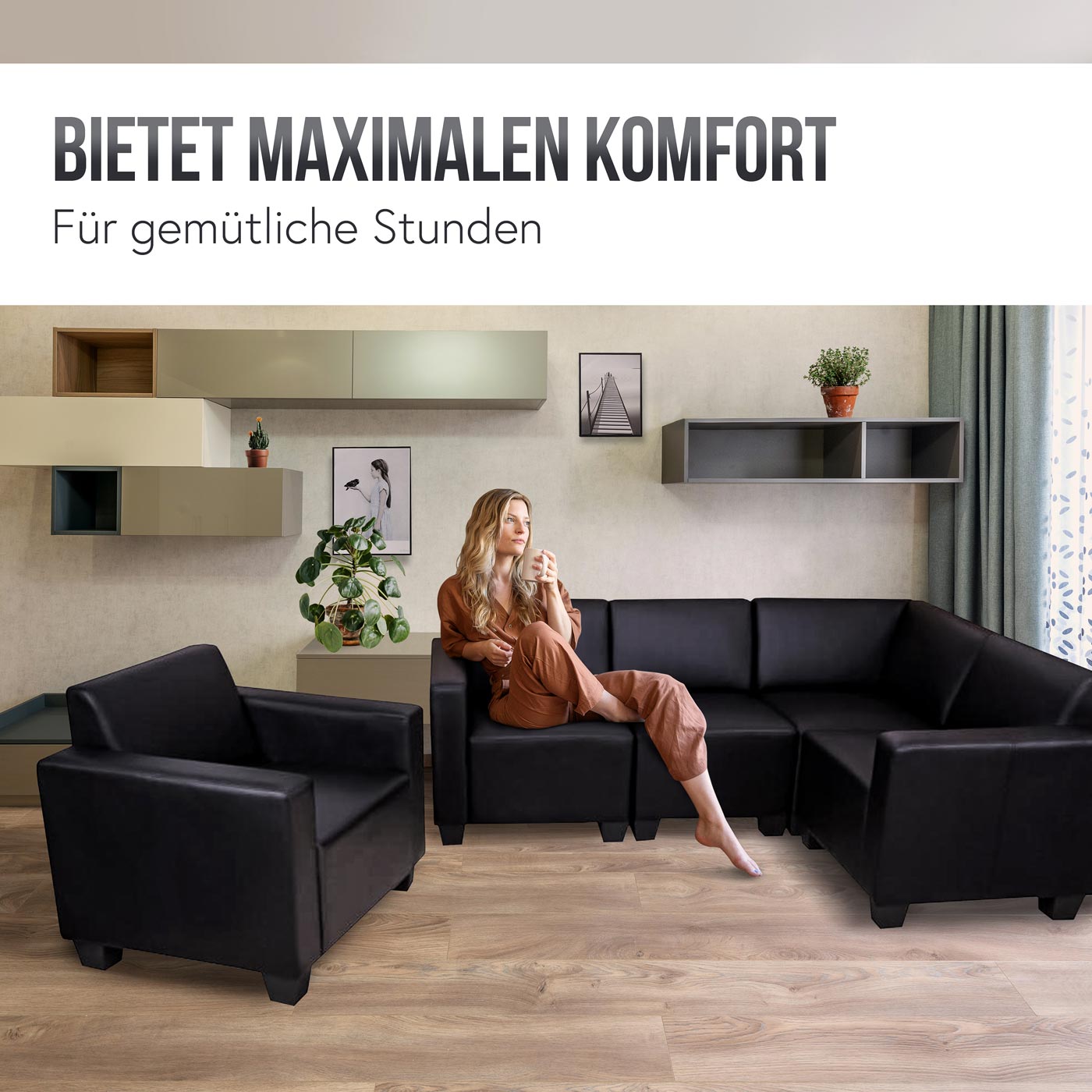 Modular Sofa-System Couch-Garnitur Moncalieri 4-1, Kunstleder ~ schwarz