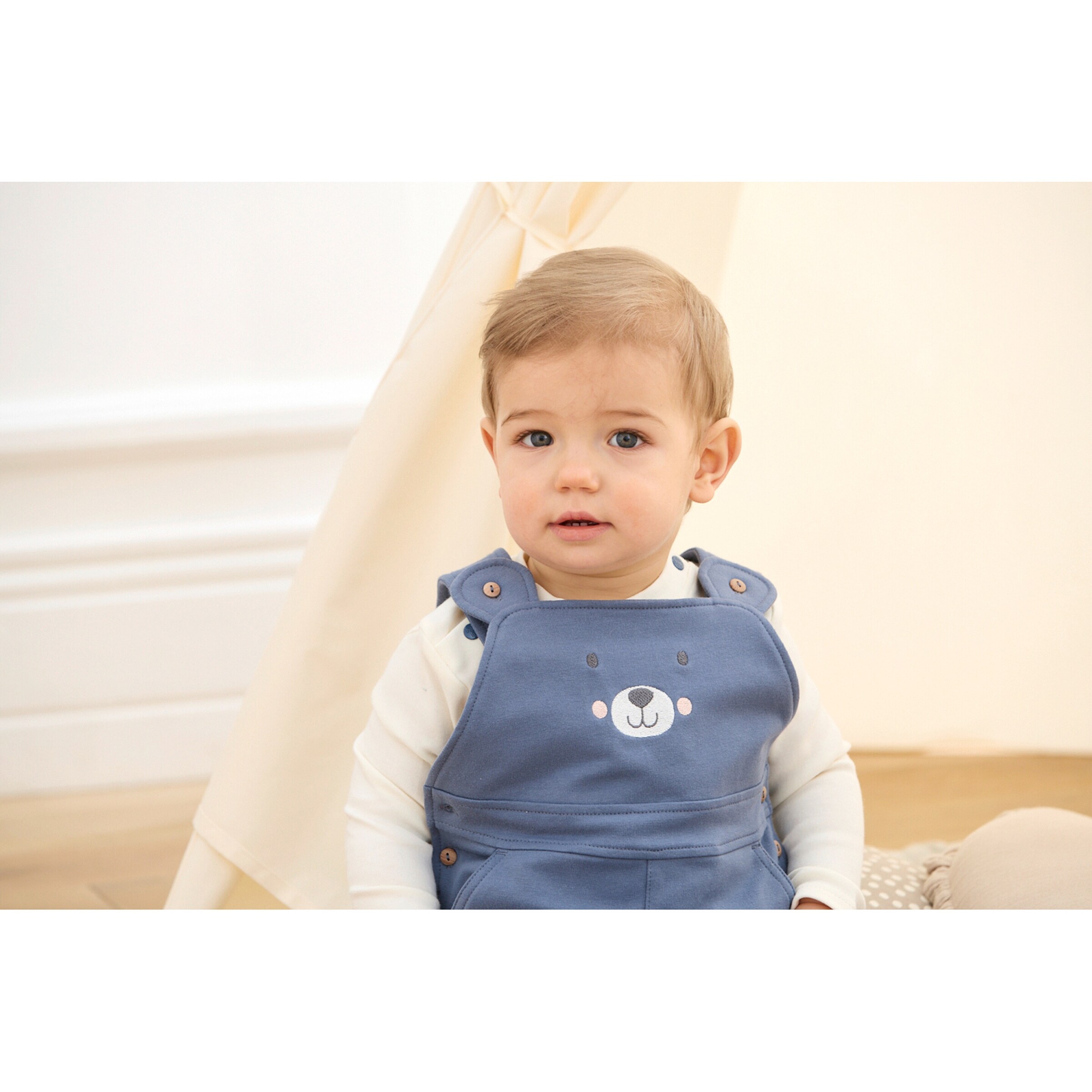 Bornino - Tiny Friends 2-tlg. Set Latzhose und Shirt langarm Bär blau/natur