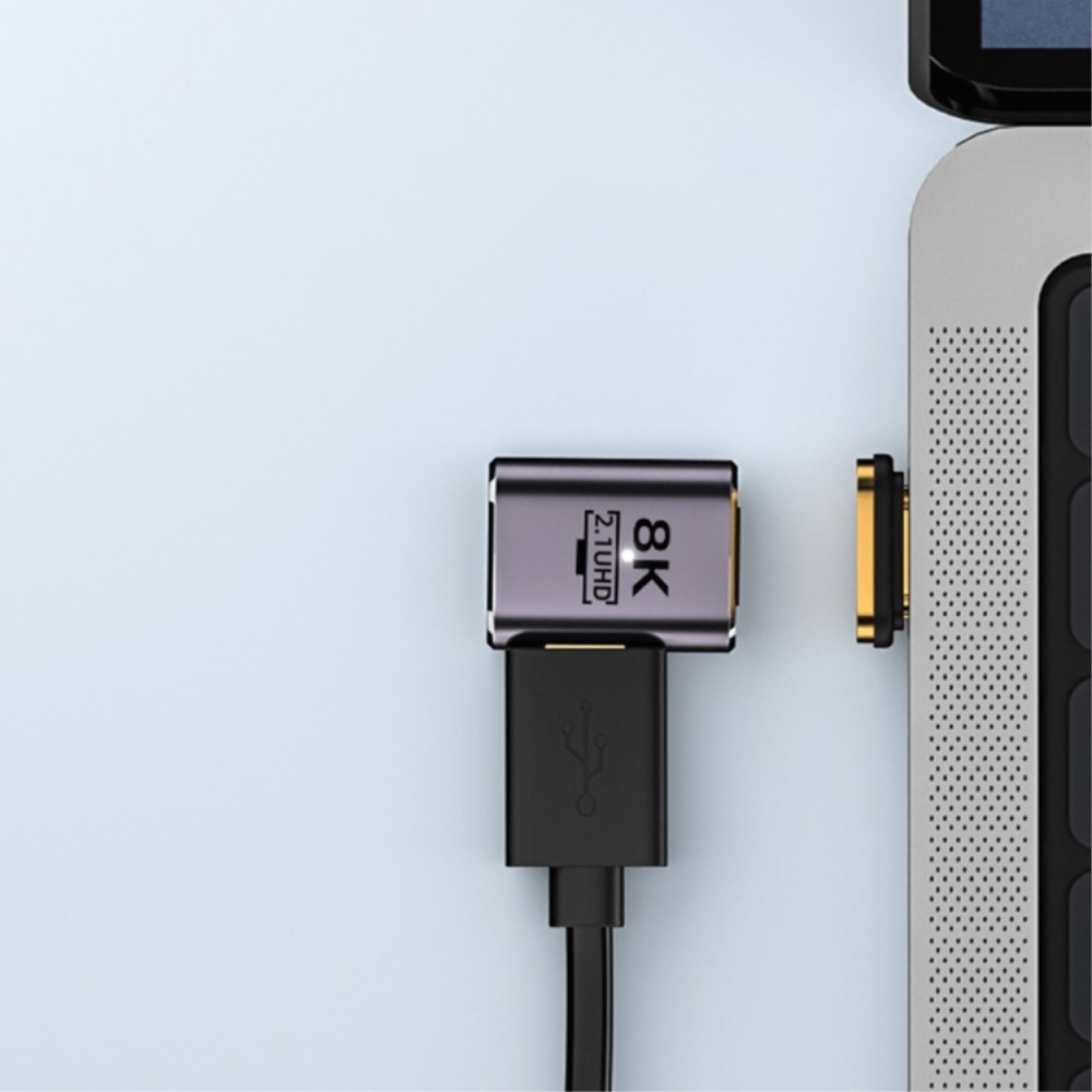 HDMI auf HDMI 2.1 Adapter Magnetisch mit vergoldetem Stecker 8K@60Hz (Winkel Rechts) - Grau