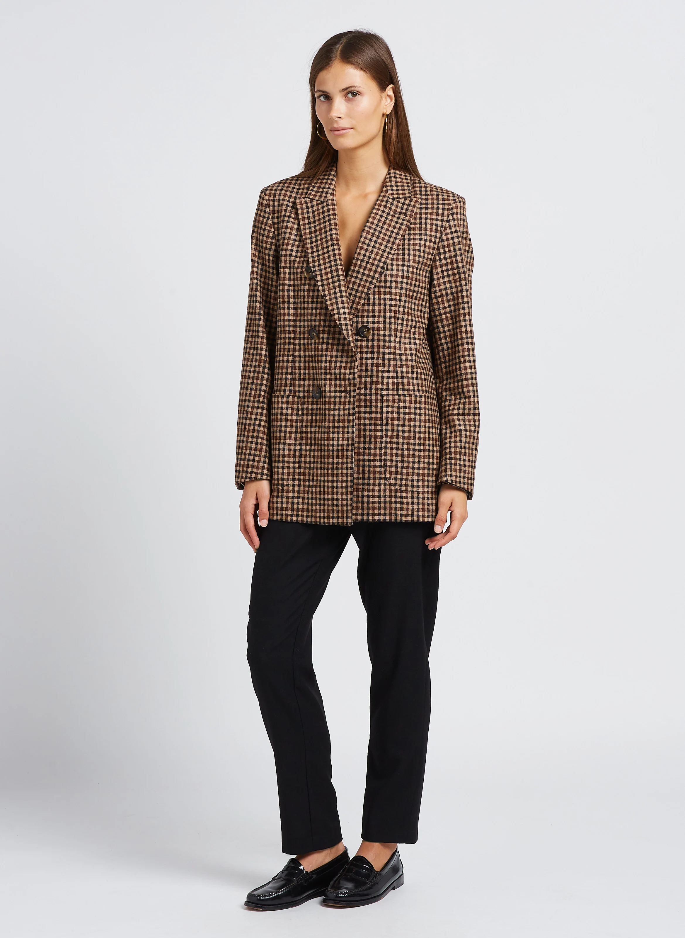 VIMO - Veste droite col tailleur à carreaux| Beige
