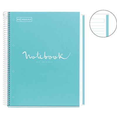 Notebook Emotions, couverture rigide, A4, lignes horizontales 7 mm, 80 feuilles de 1 couleur, Miquelrius, Bleu ciel.