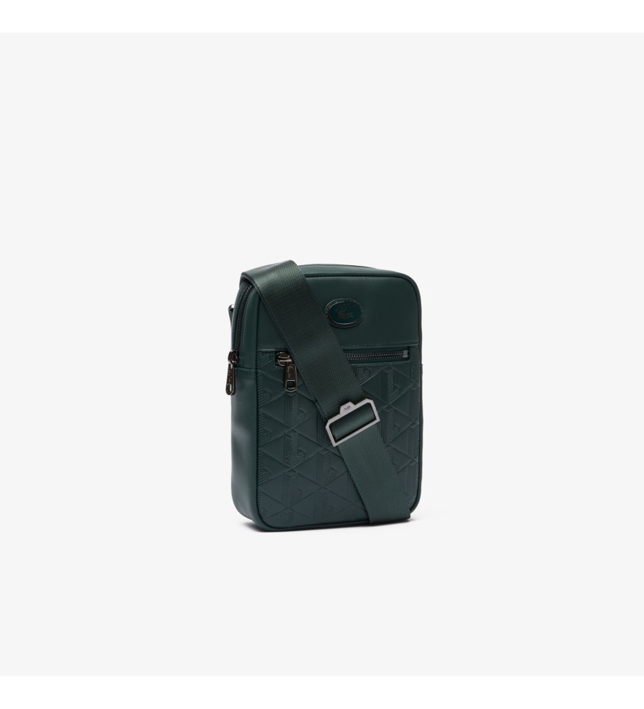 Bolsa de ombro vertical Lacoste verde-escura em couro.