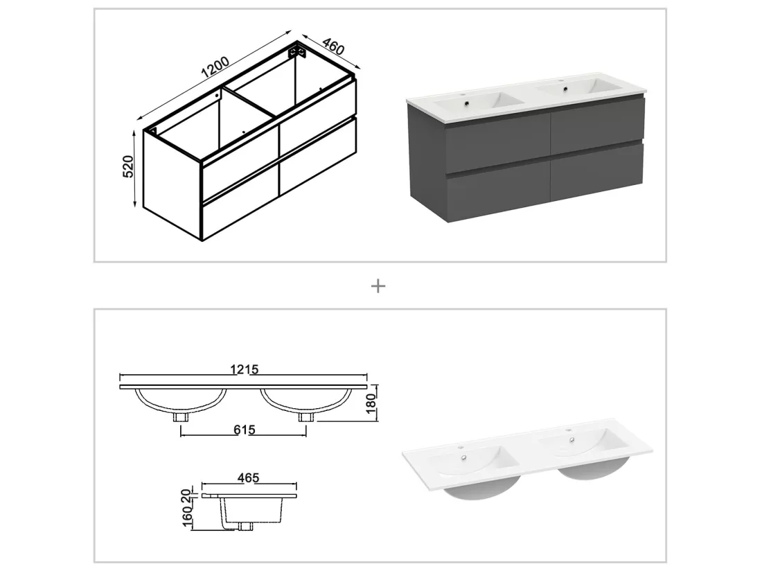 Ensemble meubles Salle de Bain 120cm 4pcs vasque et colonne et miroir LED Anthracite - Aica