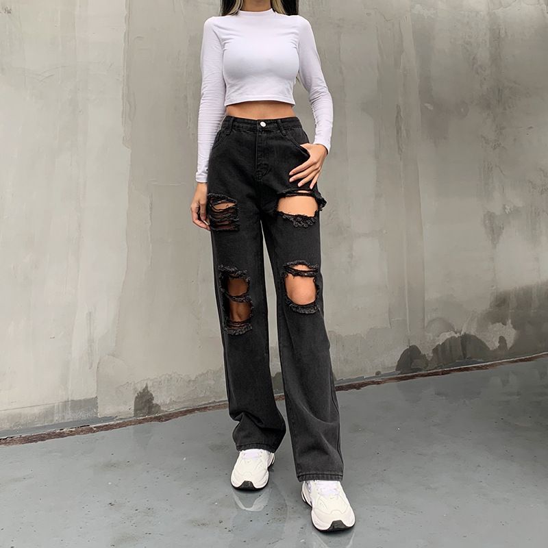 Genrovia - Hoge taille jeans met rechte pijpen en distressed look