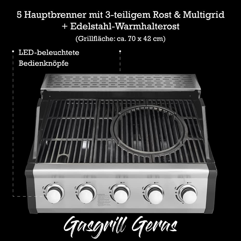 JUSTUS 5-Brenner Gasgrill Geras Grillwagen mit Edelstahl-Brenner – Grill mit Seitentischen und Guss-Grillrost, Piezozündung, 141 x 57 x 112 cm, Schwarz