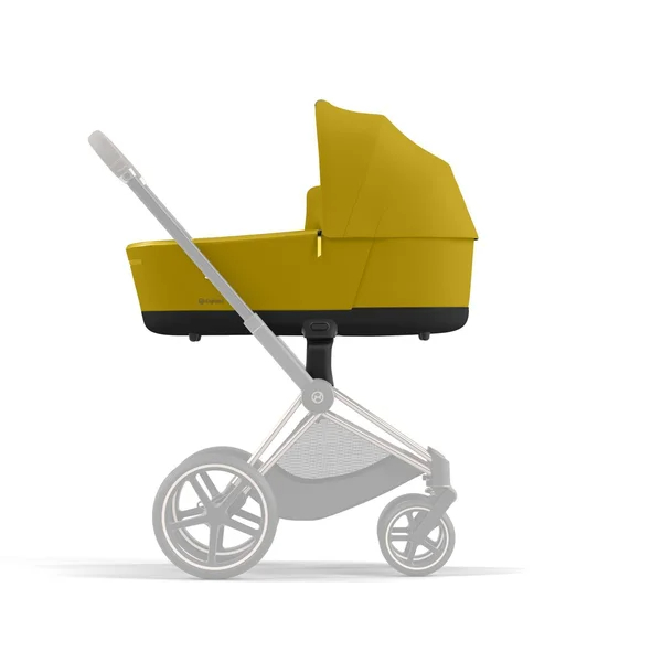Carrinho de bebê Cybex Priam V4, amarelo mostarda, estrutura cromada preta.