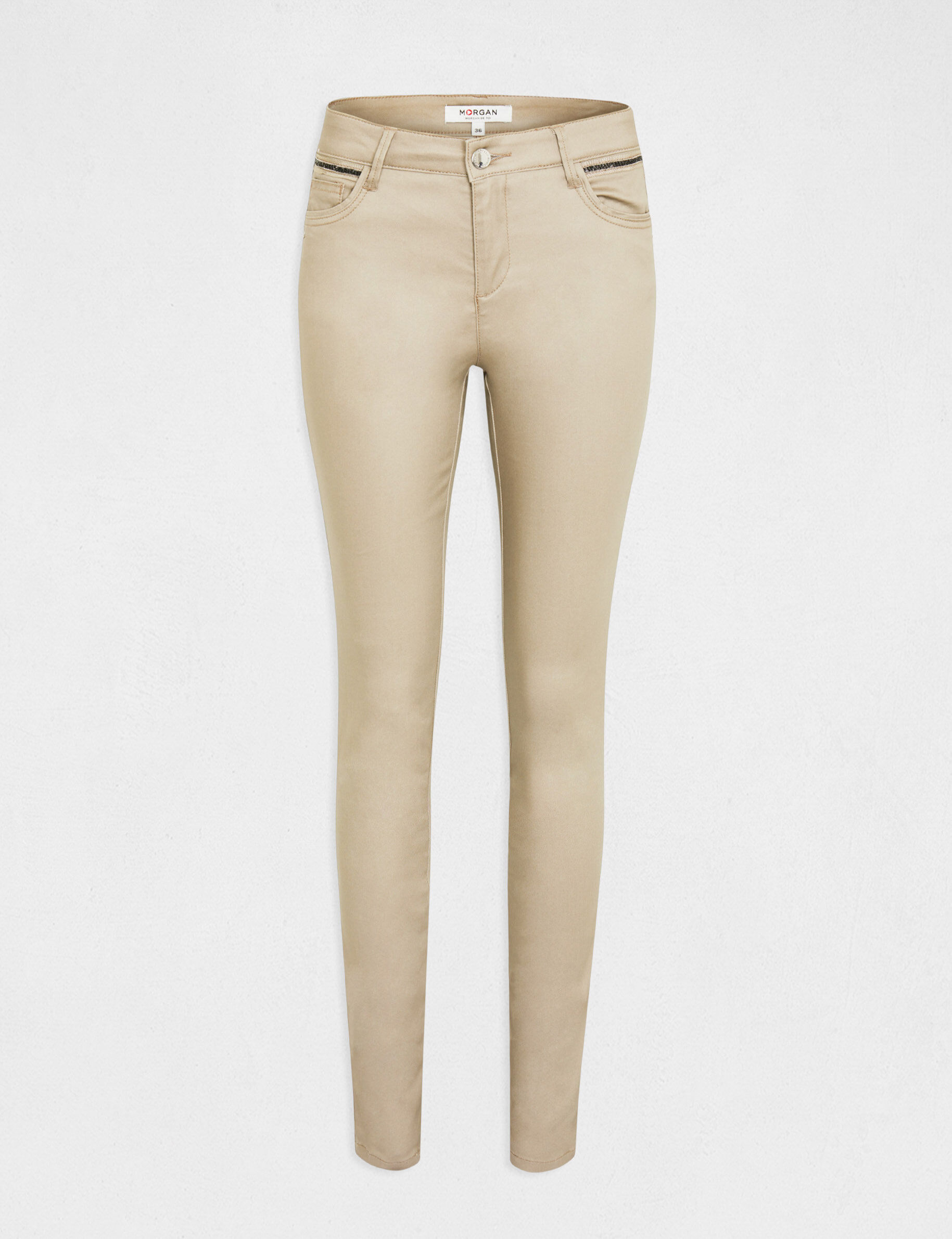 Pantalon skinny enduit à détails bijoux beige clair femme - beige_clair
