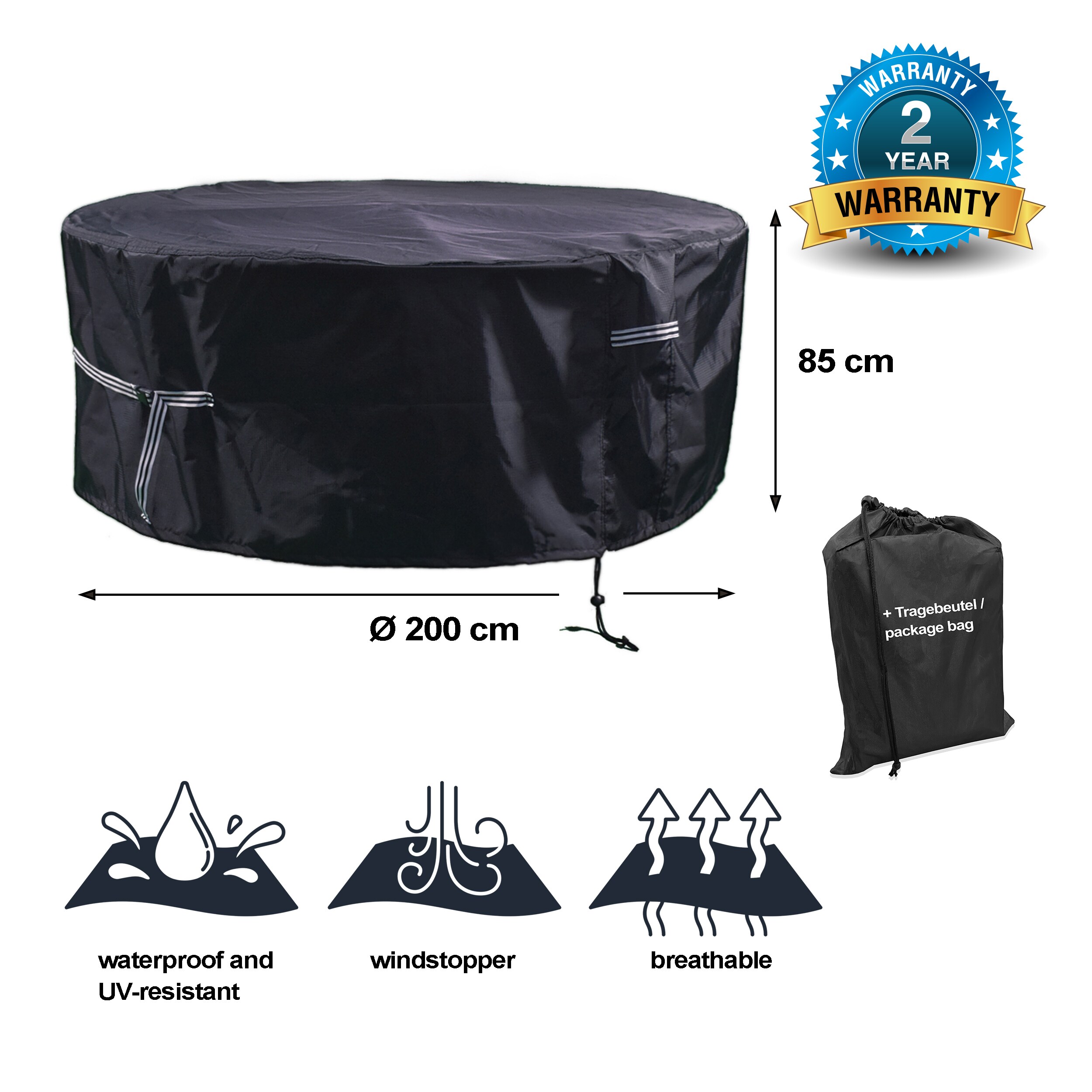 Grasekamp Black Premium Gartensitzgruppenhülle Ø200x85cm / garden dining set cover /atmungsaktiv / breathable