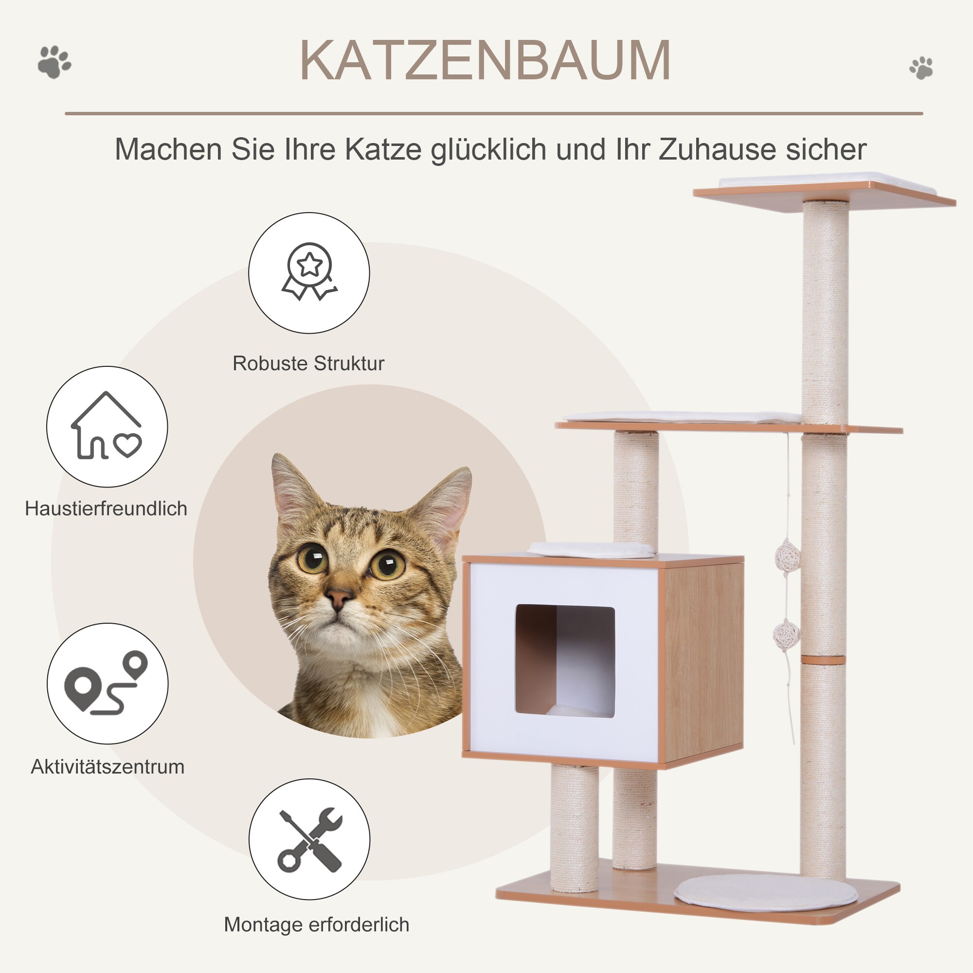 PawHut Katzenkratzbaum mit 4 Ebenen und einer Versteckbox 60 x 40 x 120 cm (LxBxH)