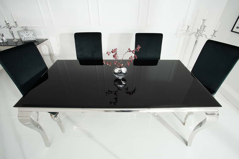 Eleganter Design Esstisch MODERN BAROCK 180cm schwarz Edelstahl Opalglas Tischplatte