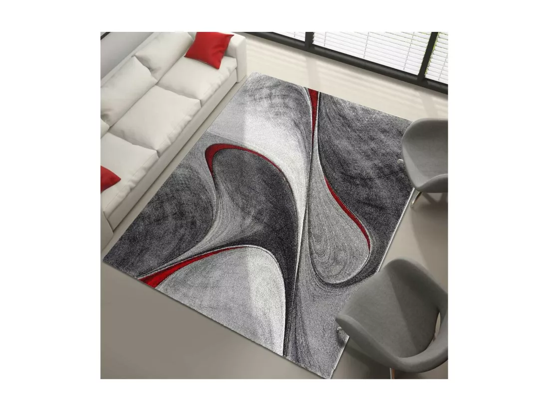 tapis chambre Ø120cm tissé rouge et gris rond motif géométrique MADILA