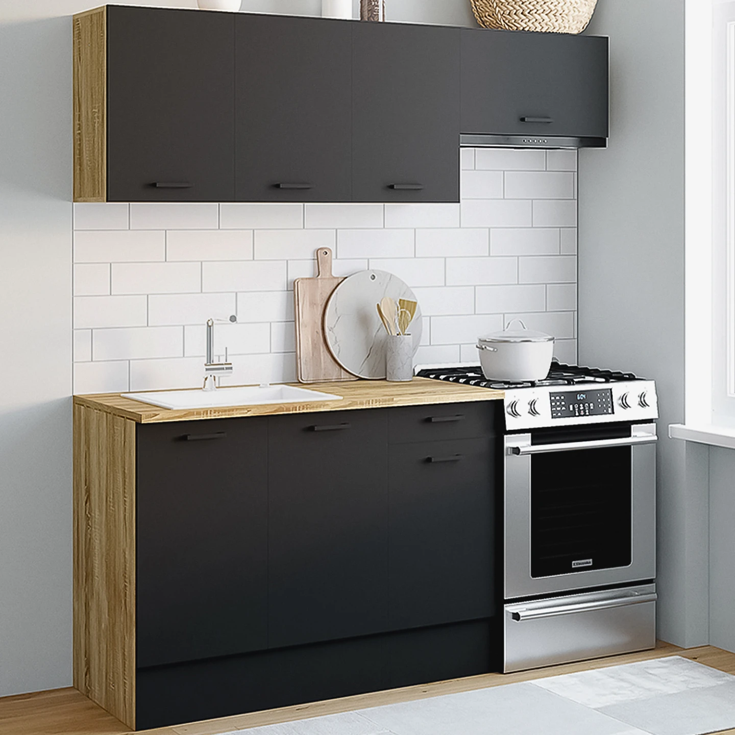 Cuisine complète 180 cm SUBTIL avec plan de travail 5 éléments bois et noir