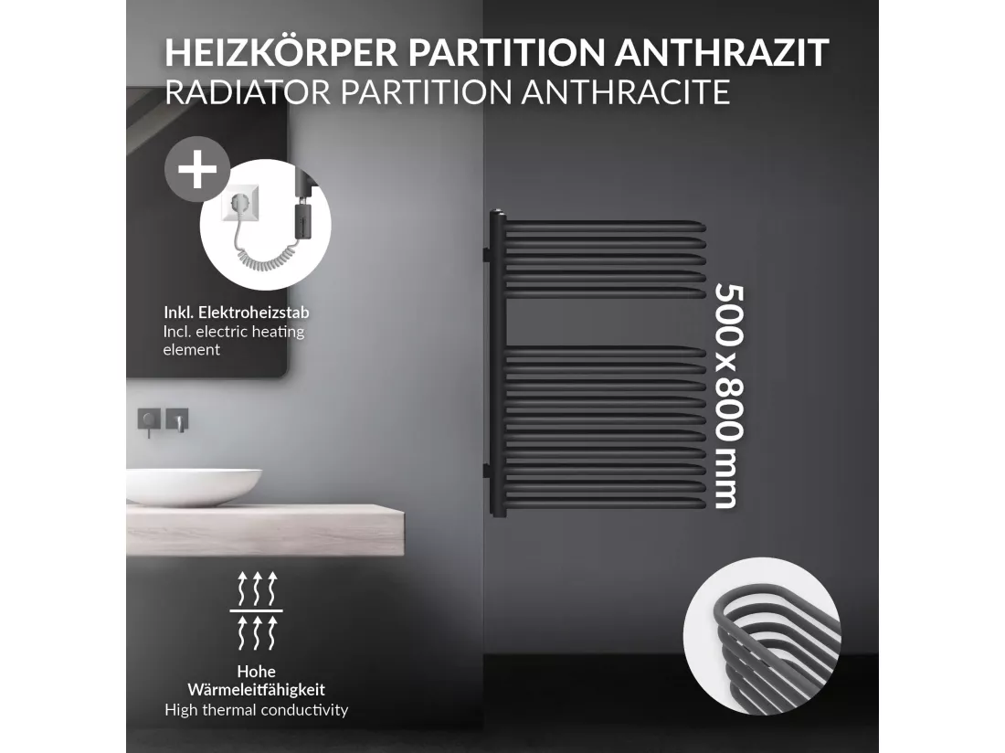 Radiateur mural porte-serviette 500x800mm anthracite acier + thermoplongeur 300W