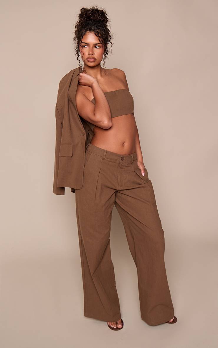 Marron Foncé Ensemble Brassière Ajustée Effet Lin Coordonné