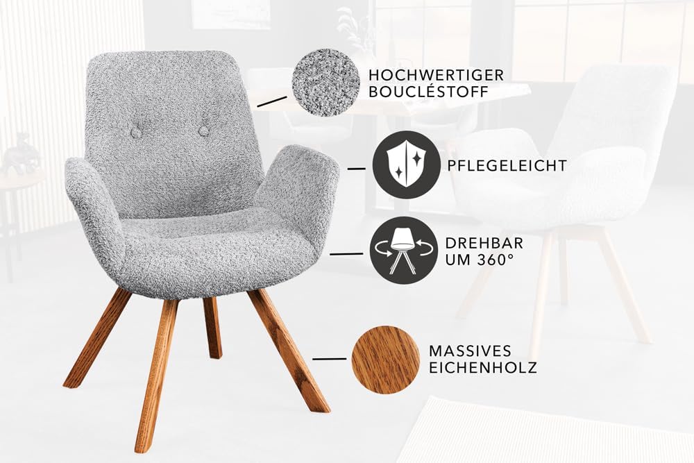 Riess Ambiente Drehbarer Stuhl Baltic - grau Natur - Bouclé Stoff Eiche Massivholz - Esszimmerstuhl mit Armlehne Schaumstoff-Polsterung