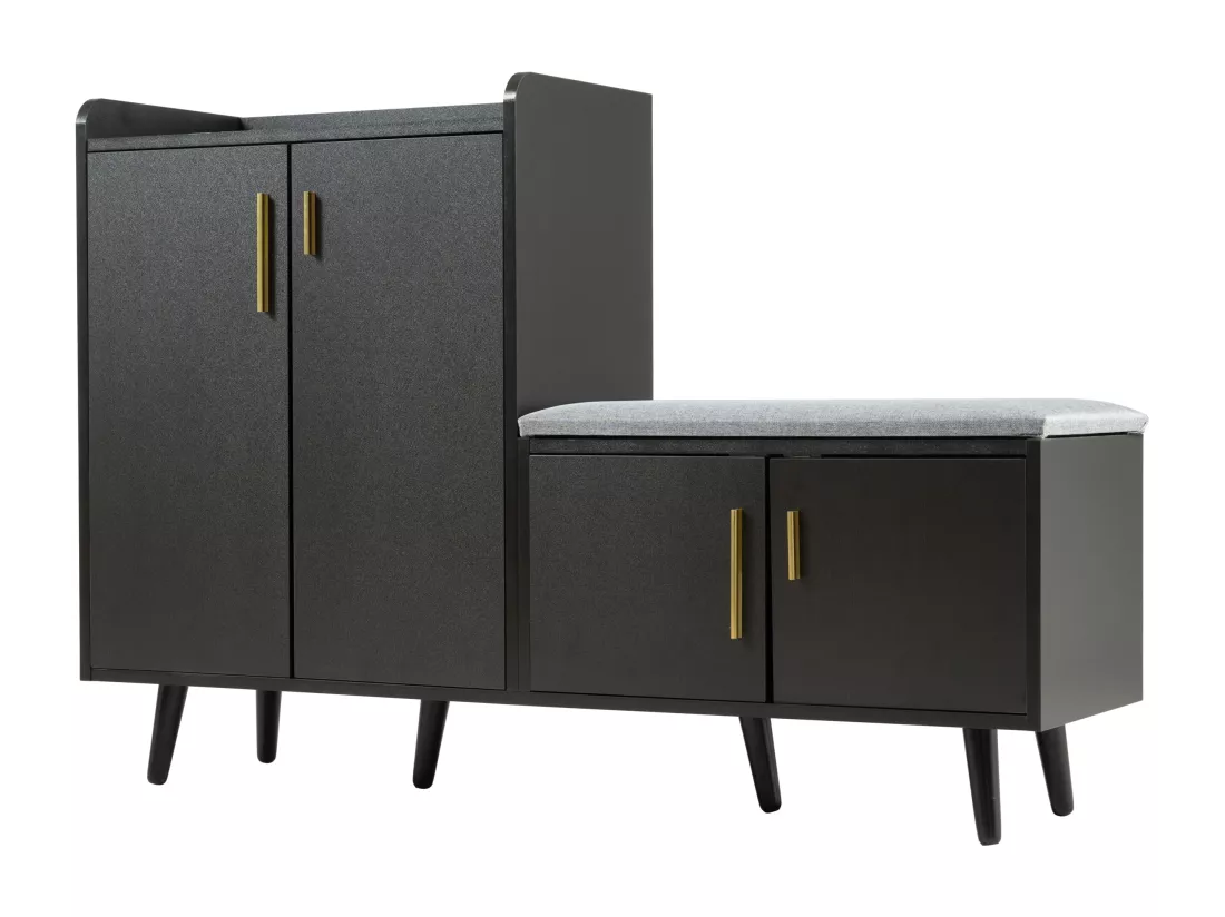 Banc à chaussures moderne avec 4 portes et coussin - pièds et poignées en métal - coloris noir - 120 x 34 x 82 cm