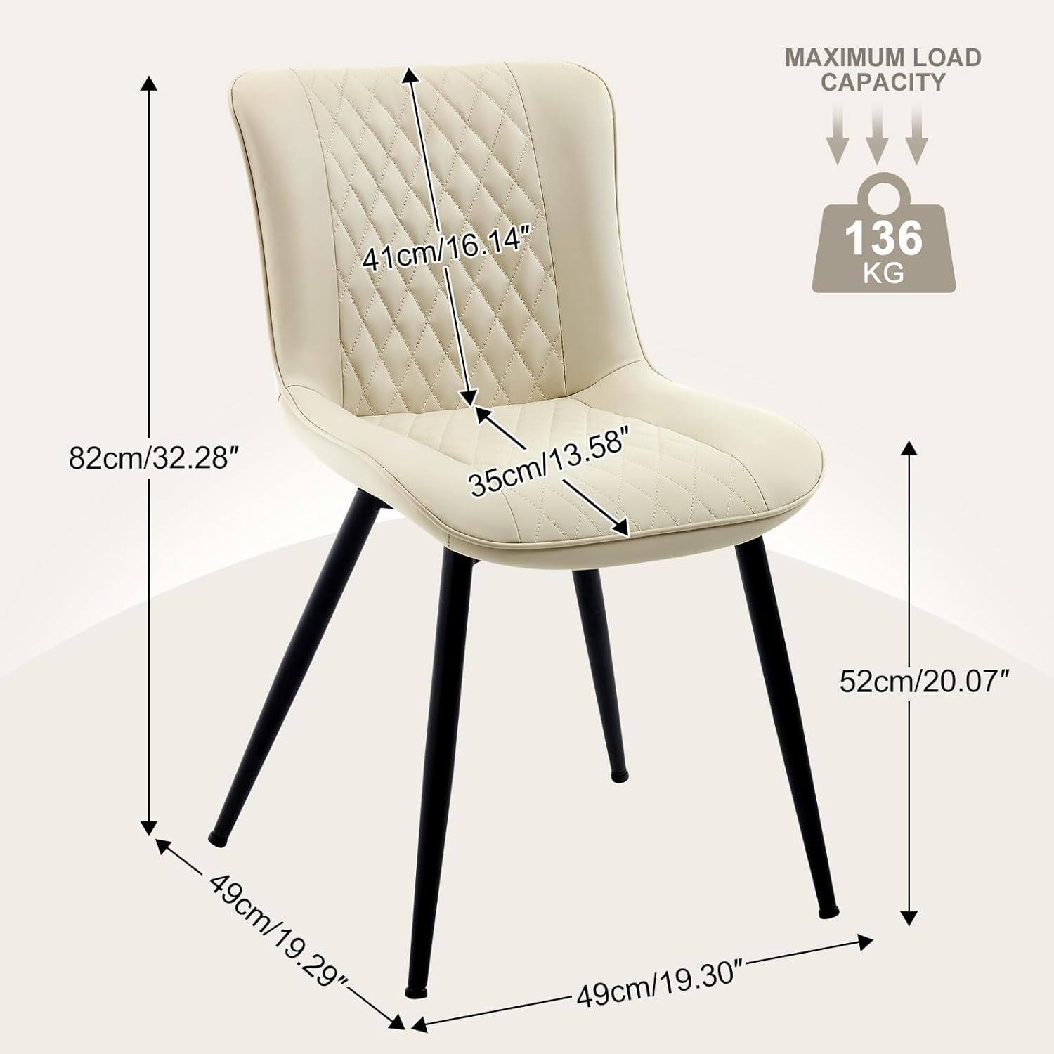 6er Set Esszimmerstühle, Küchenstuhl mit Hoher Rückenlehne Polsterstühle mit 5 cm Sitzkissen PU Leder Dining Chair Moderne Sessel und Metallbeine Beige