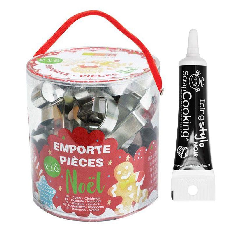 18 emporte-pièces en inox Noël + Stylo de glaçage noir Scrapcooking