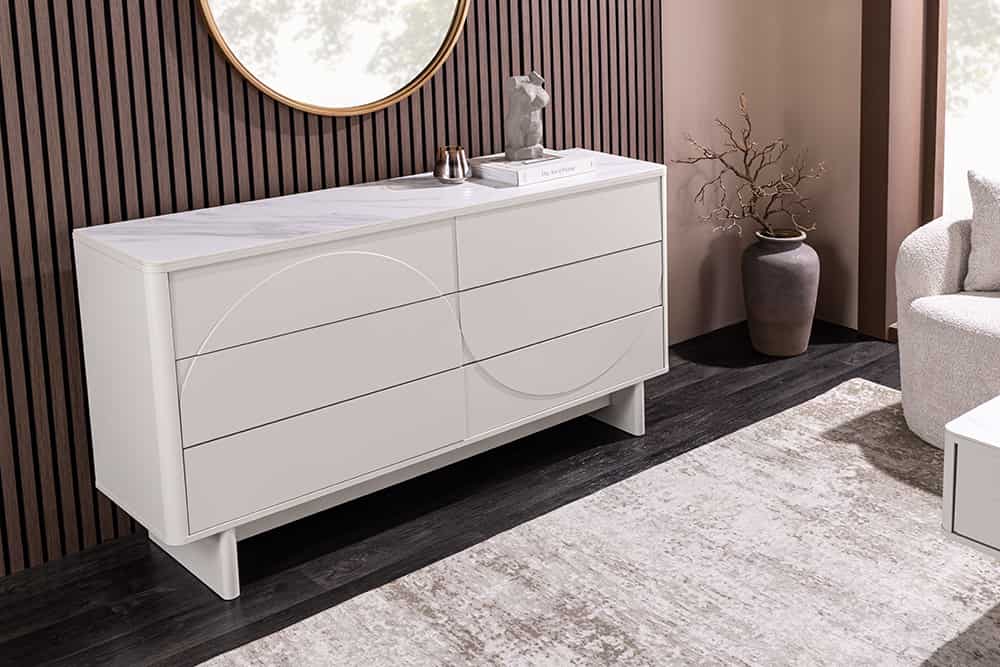 Design Sideboard SAVOY 150cm kaschmir weiß Marmor Keramik mit sechs Schubladen