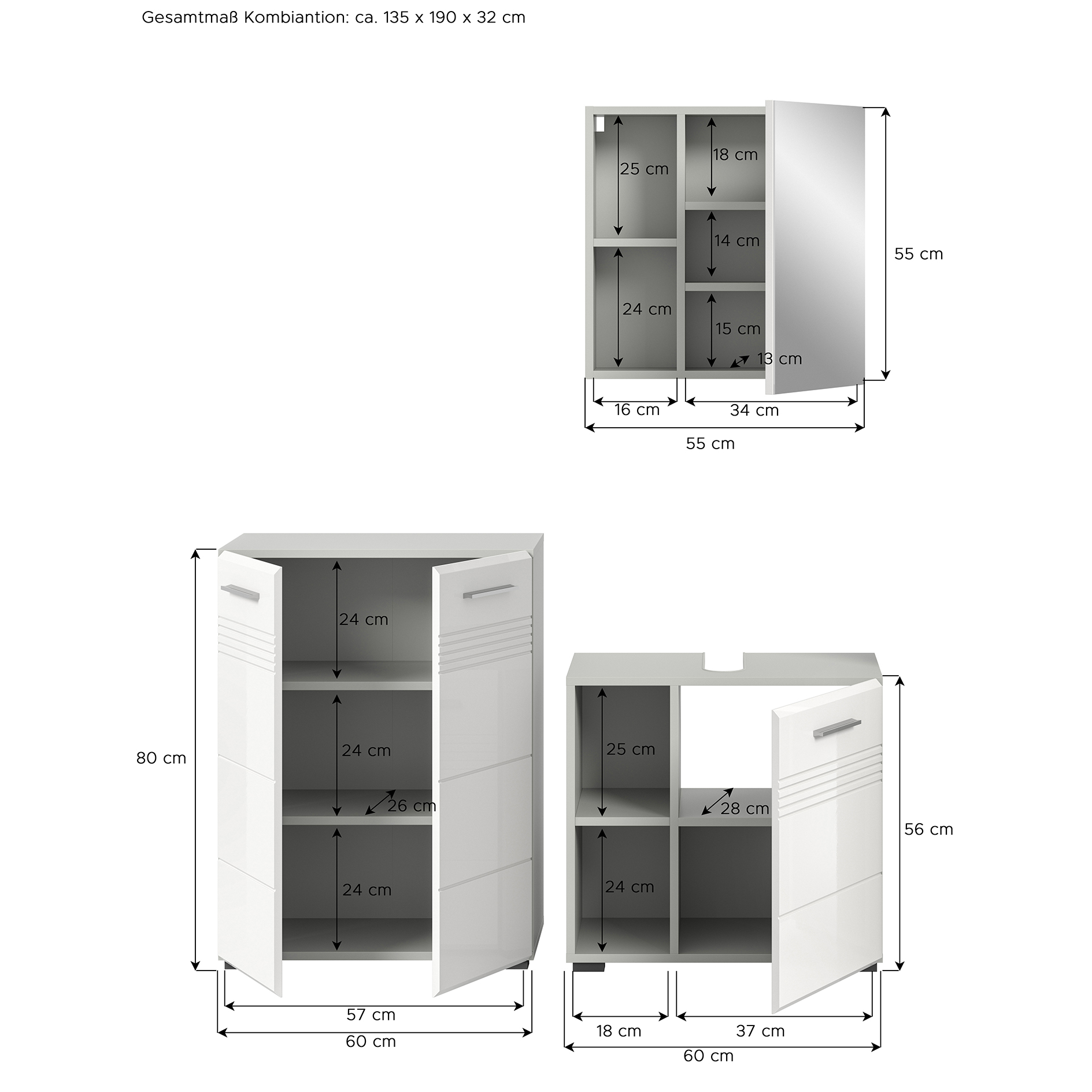 3-teiliges Badmöbel-Set COPA - weiß Hochglanz - hellgrau - 135 cm