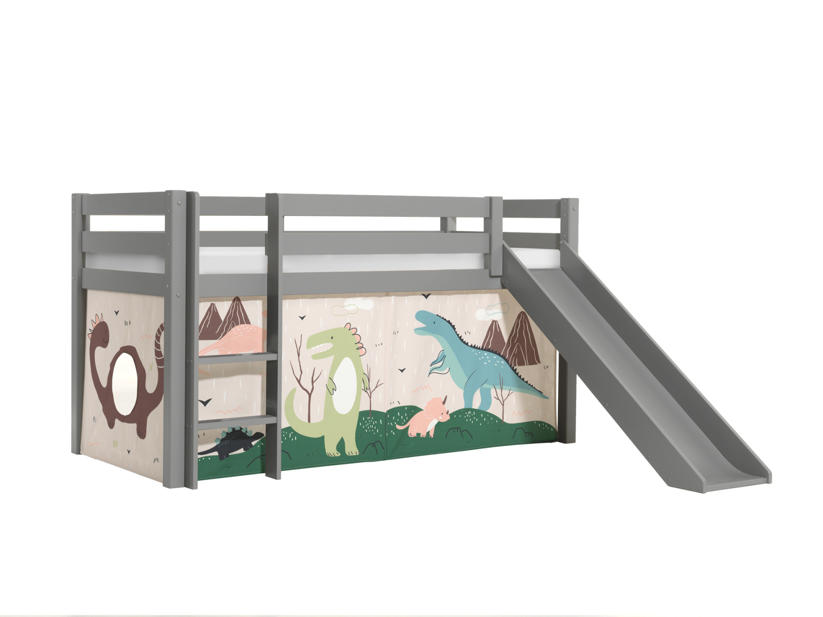 Halbhochbett PINO - DINOSAURIER - Kiefer grau Massivholz - mit Rutsche - 90x200 cm