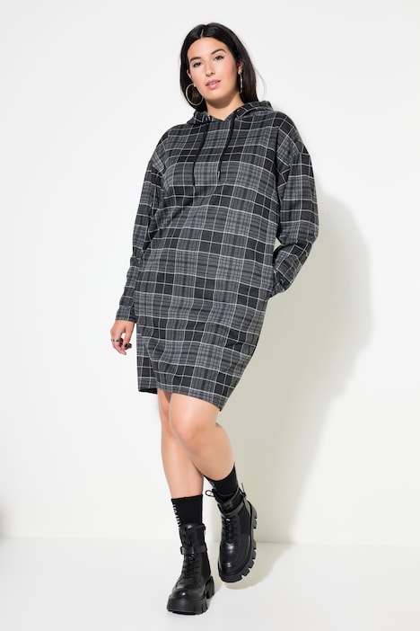 Midikleid, oversized, Jersey, Karo, Kapuze, Langarm