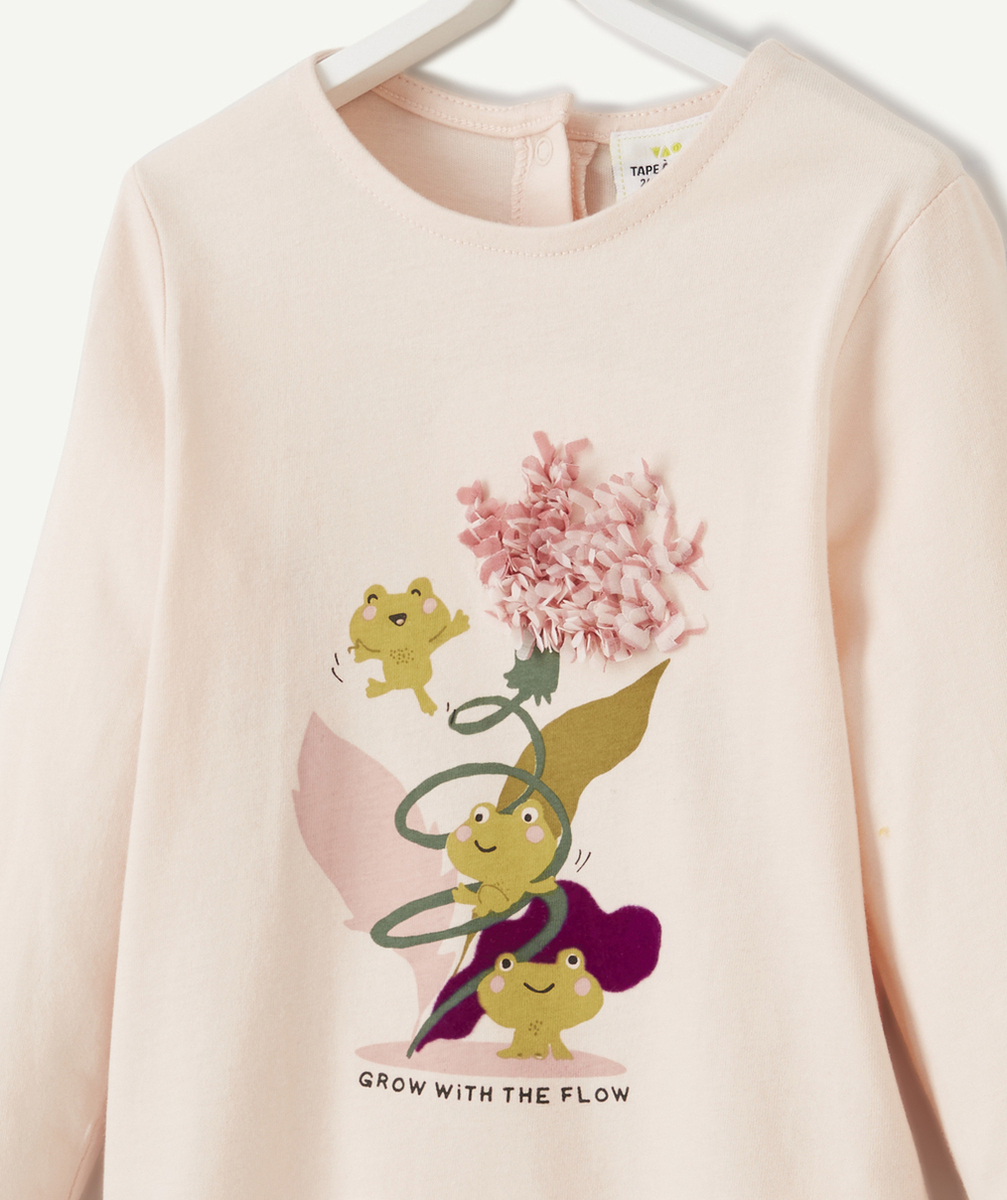 T-SHIRT BÉBÉ FILLE EN COTON BIO ROSE PÂLE GRENOUILLES ET FLEUR