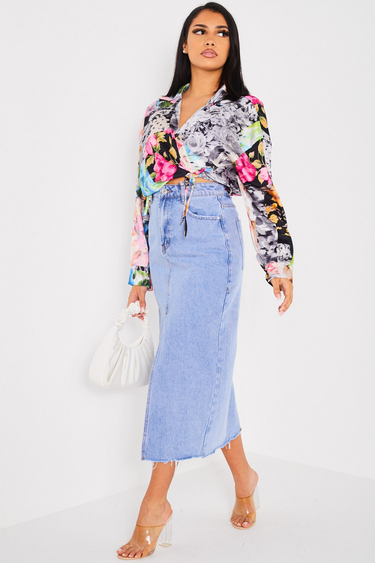 Jupe large en jean bleu fendu
