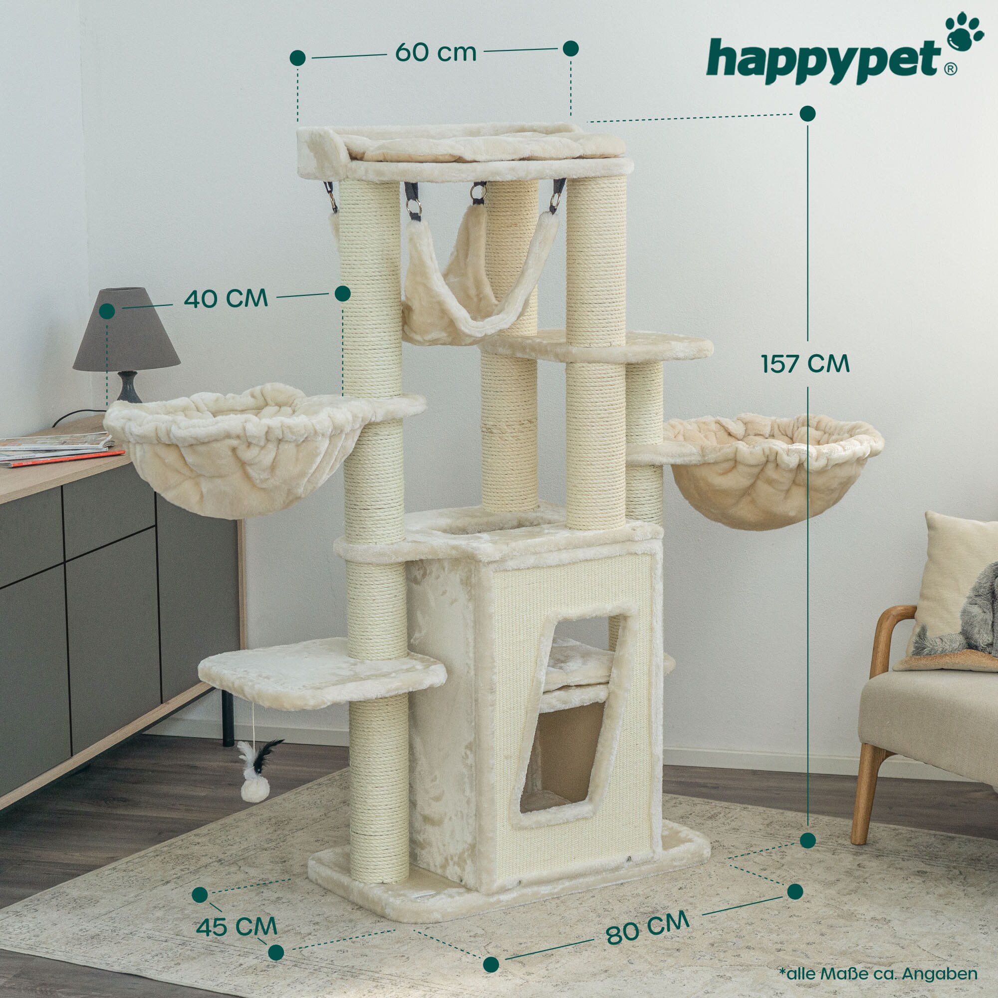 HAPPYPET Kratzbaum stabil 157 cm Katzenbaum Kletterbaum Sisal Massiv | Creme