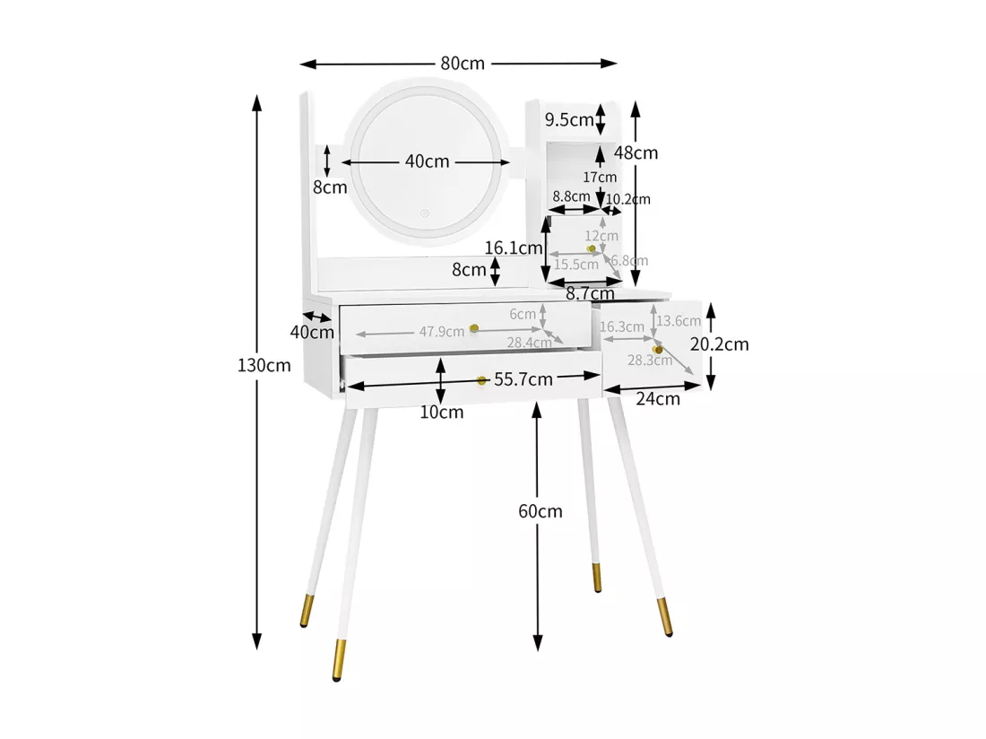 Coiffeuse (sans chaise) avec miroir à luminosité réglable, avec 3 tiroirs, multiples espaces de rangement, blanc