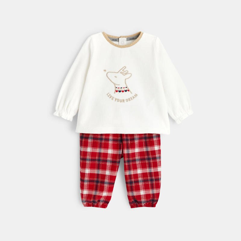 Pyjama velours et carreaux blanc bébé fille Blanc