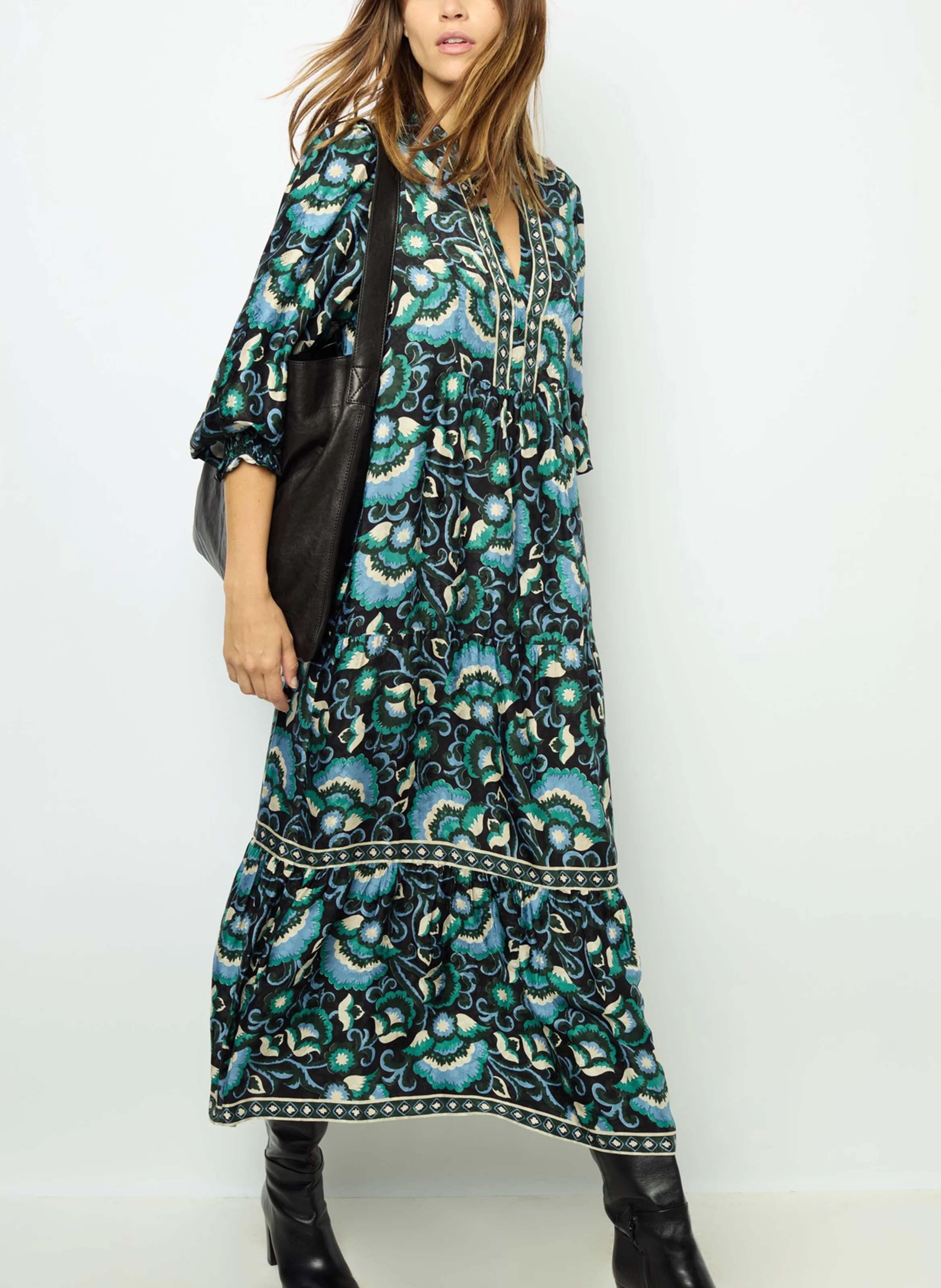 SANDA - Robe midi imprimée et jacquard | Vert