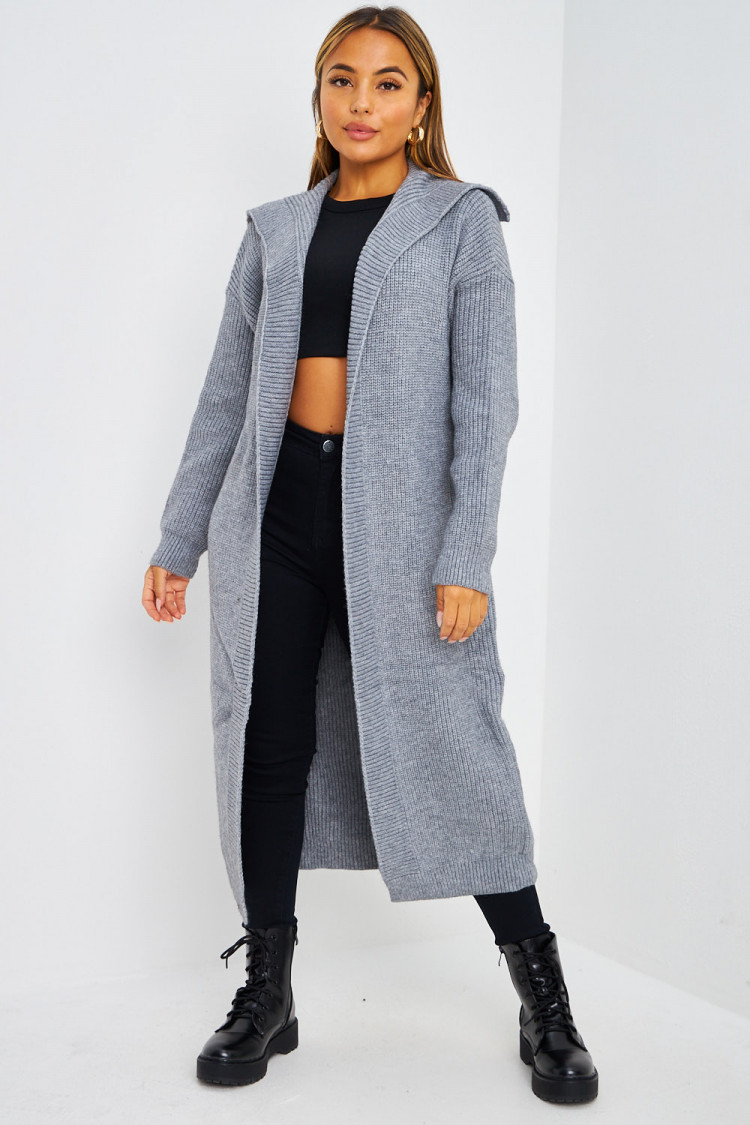 Gilet long EPAIS ouvert gris en mailles
