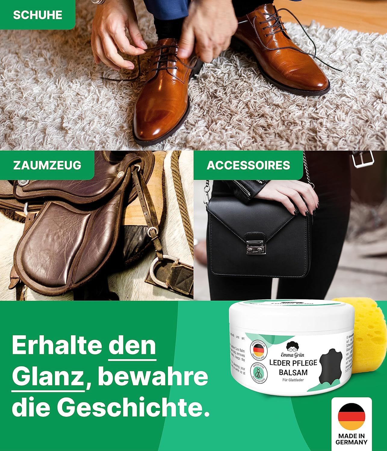 Emma Grün® Lederbalsam farblos mit Bienenwachs inkl. wiederverwendbarem Schwamm