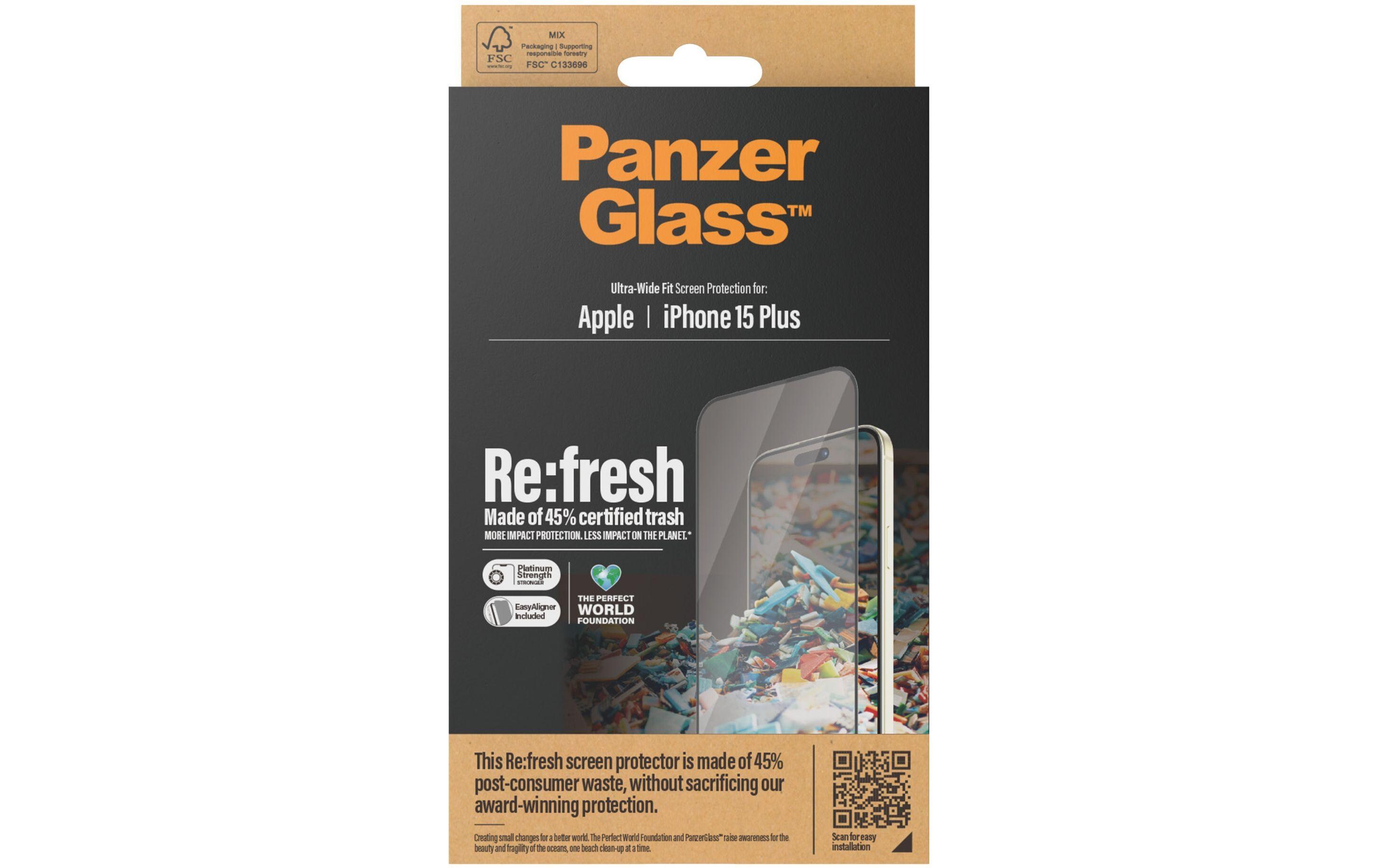 Displayschutz Refresh iPhone 15 PlusDisplayschutzfolie mit Applicator und 45% recyceltem Glas für das Apple iPhone 15 Plus