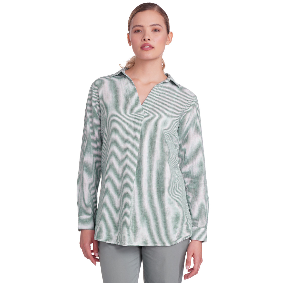Gina Damen Leinen-Bluse mit V-Ausschnitt weiss / dunkelgrün