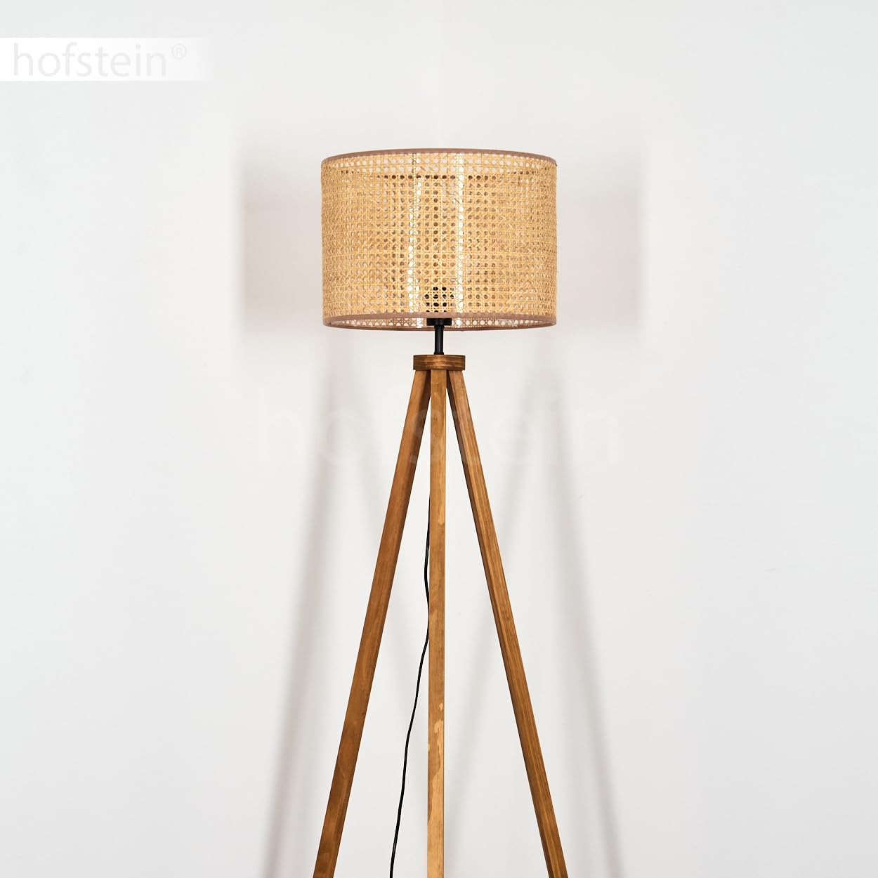Stehleuchte Barcos, Stehlampe aus Holz/Wiener Geflecht/Rattan in Naturfarben/Schwarz, Leuchte im skandinavischen Design mit rundem Schirm (Ø 40cm) u. Fußschalter, Höhe 154cm, 1x E27, ohne Leuchtmittel