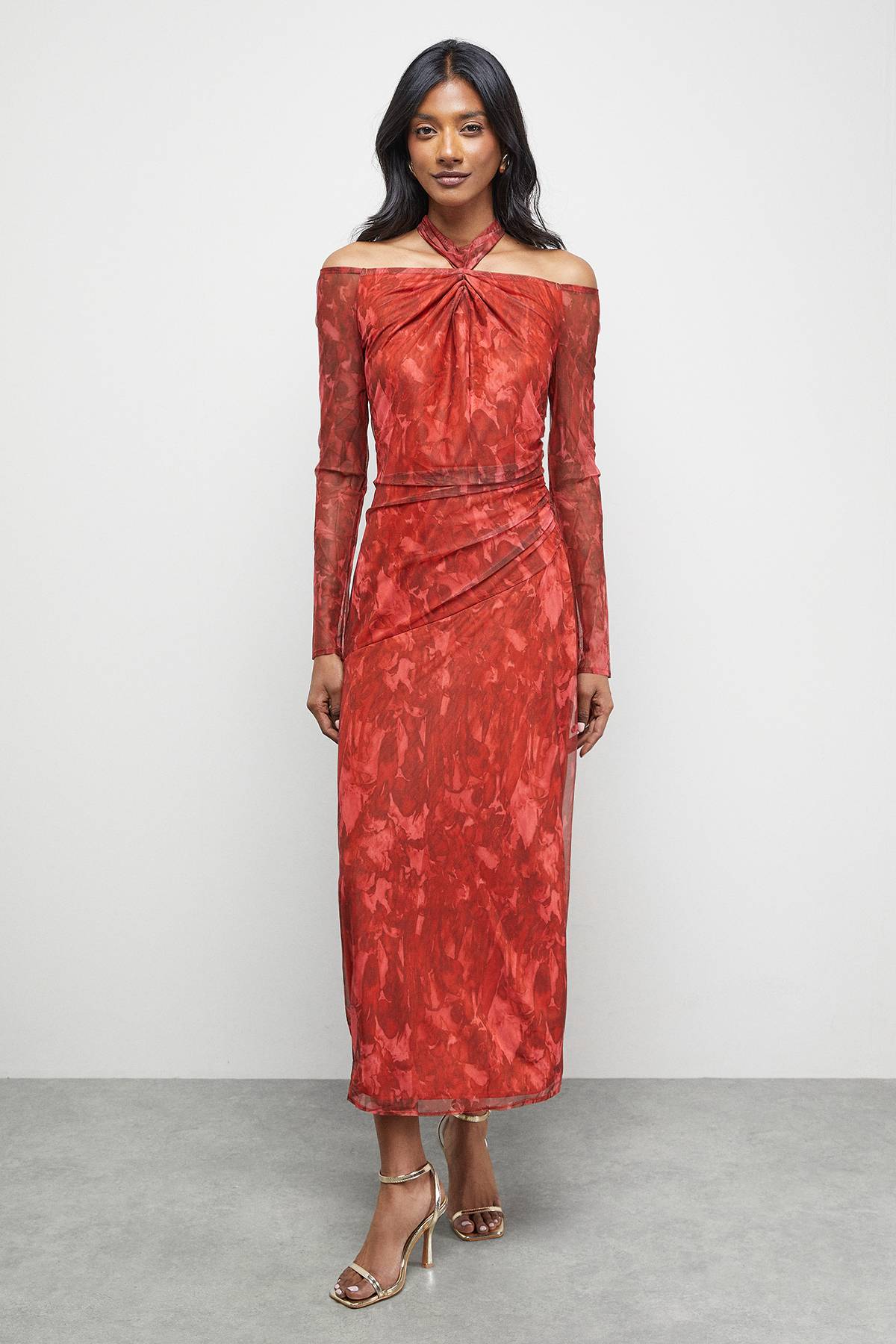 Warehouse Robe Midi en Maille Imprimée à Détail Torsadé