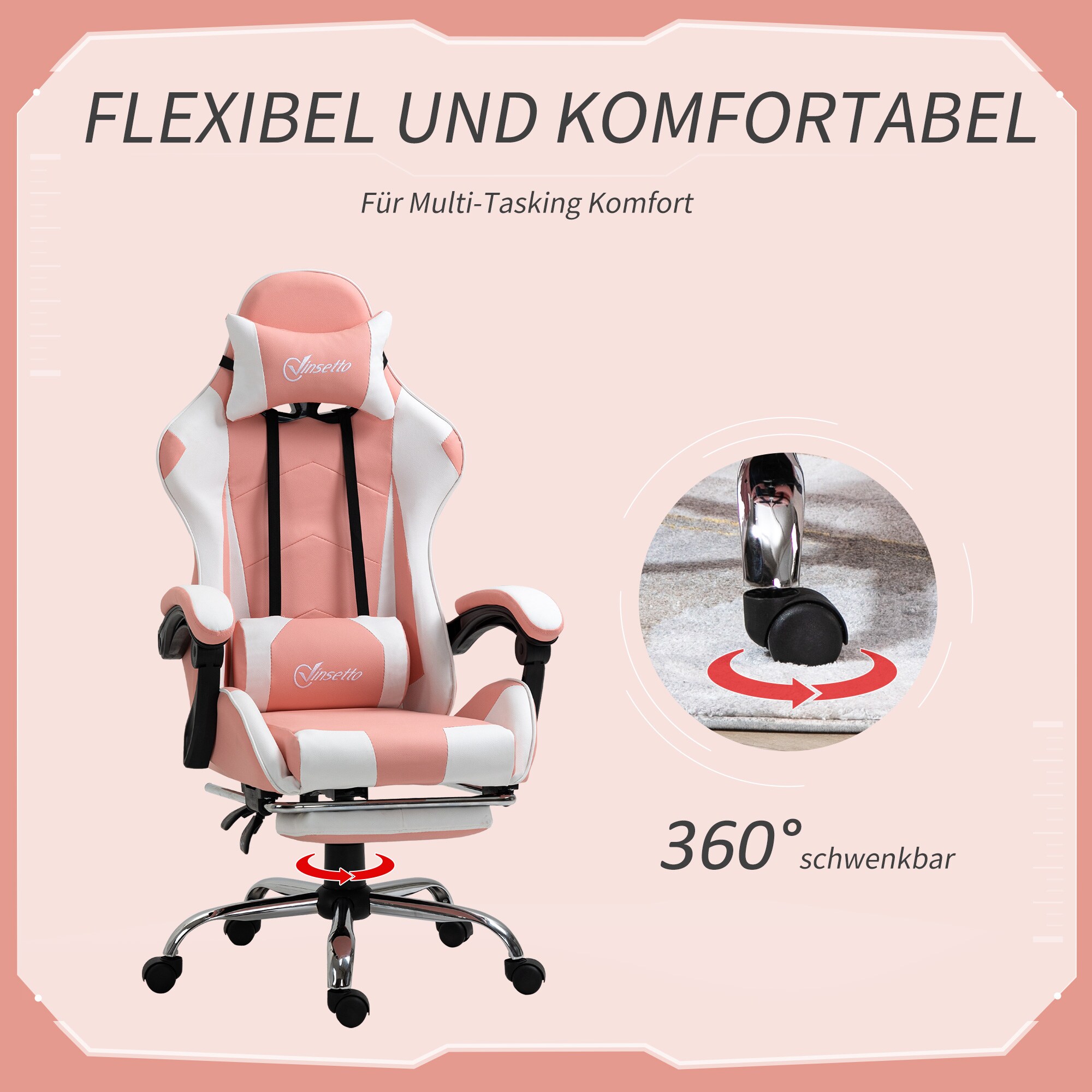 Vinsetto Gamingstuhl mit Rallystreifen rosa, weiß 64 x 67 x 127 cm (BxTxH)