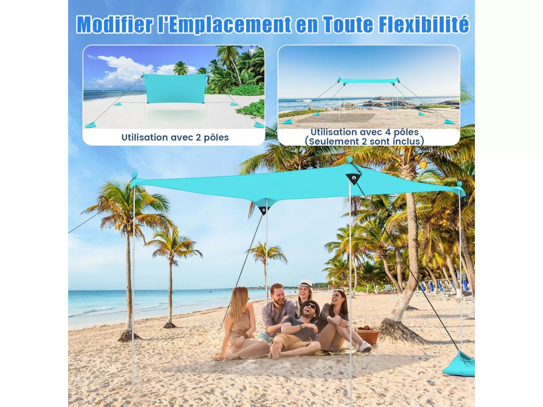 Tente de Plage Portable 3 x 3 M Anti UV UPF50+, Abris Solaire de Plage avec 4 Sacs pour Sable Piquets de Sol 2 Poteaux Sac de Transport, Idéal pour Plage Camping Pêche (Vert)
