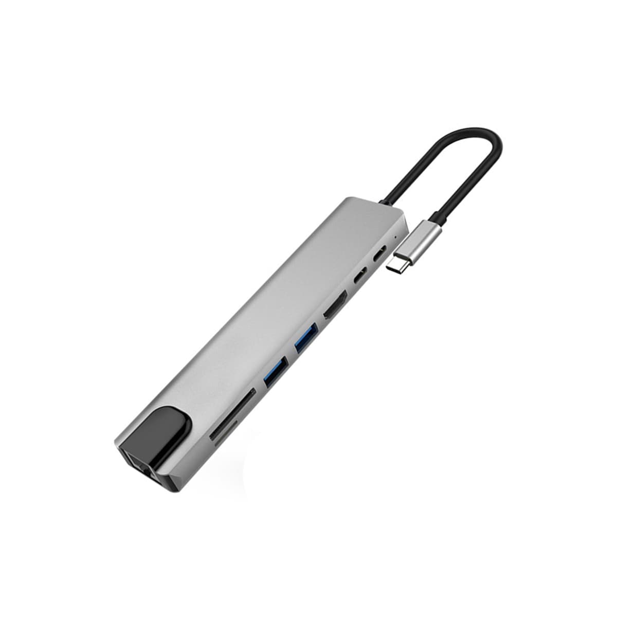 USB-C-hub med 8 uttak for USB, UBC PD, HDMI, RJ45, micro-SD Grå