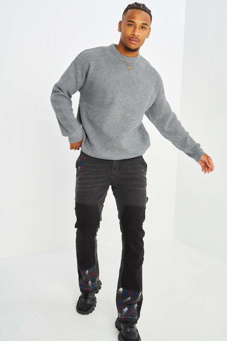 Pull gris en laine à col rond