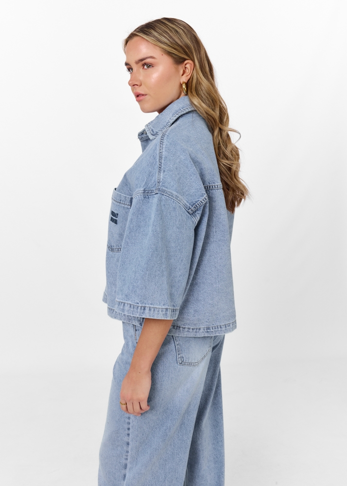 Denim blouse korte mouw vintage blauw